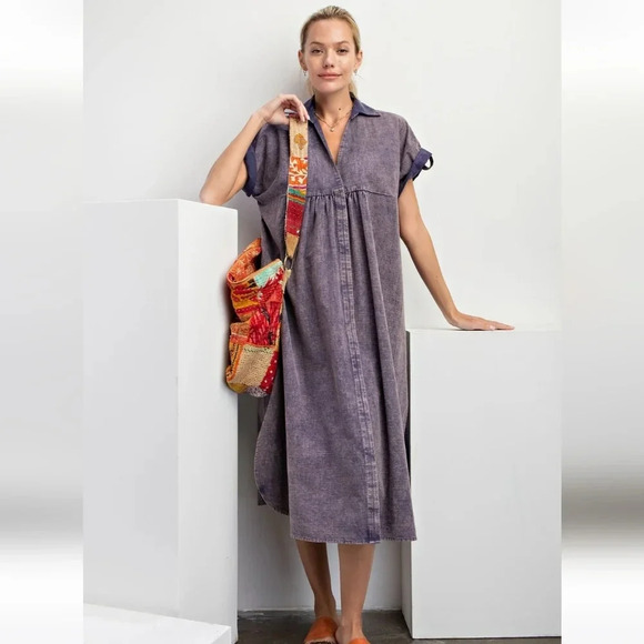 New! Easel Short Sleeve Linen Blend Mineral Washed Midi Dress - Picture 5 of 5